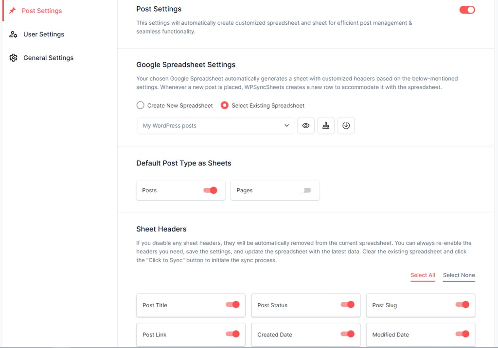 The Post Settings panel of WPSyncSheets