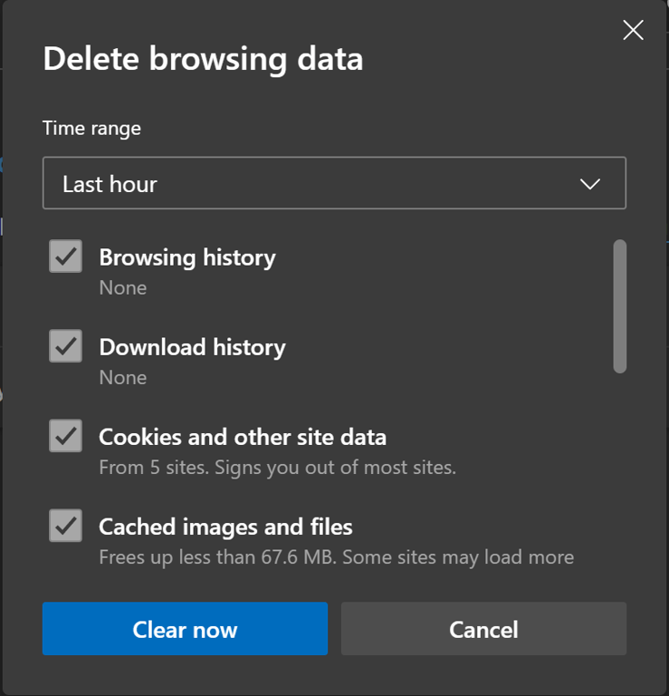 Microsoft Edge's cache and browsing data deletion page