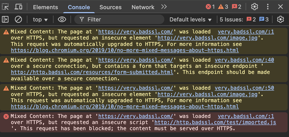Mixed content warnings on a web browser's developer tool console