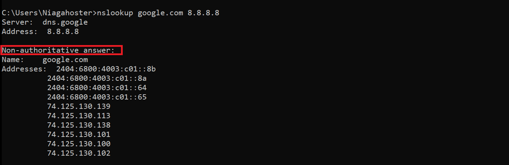 Nslookup displays a non-authoritative answer.