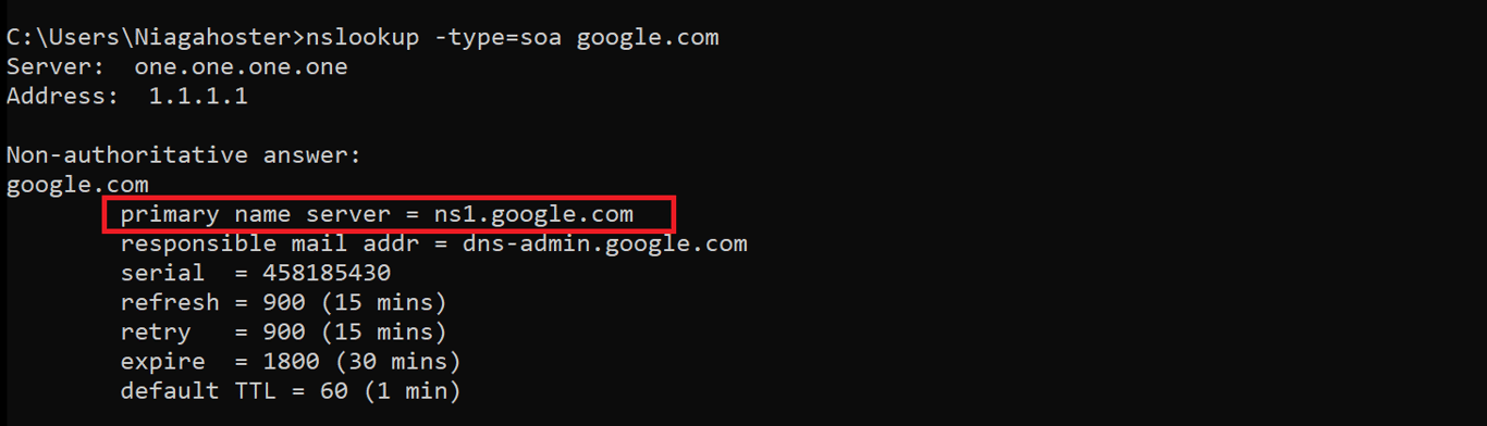 nslookup type soa command