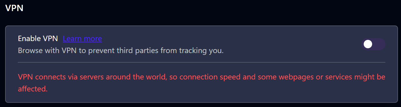 Opera VPN configuration menu