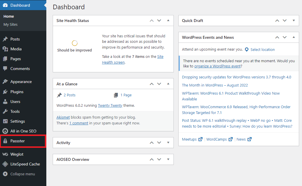 Passster menu on the WordPress dashboard