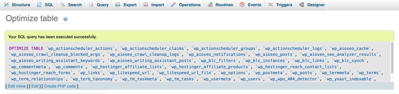 Command execution confirmation message in phpMyAdmin