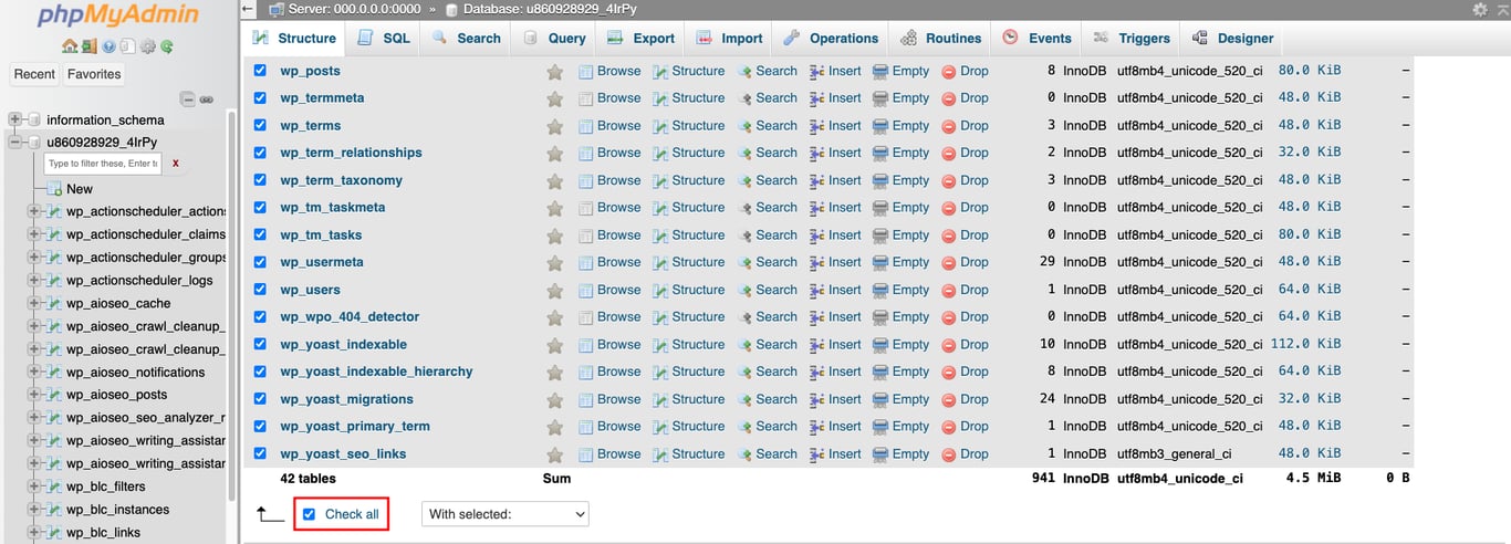 phpMyAdmin Structure tab, highlighting the button to check all tables