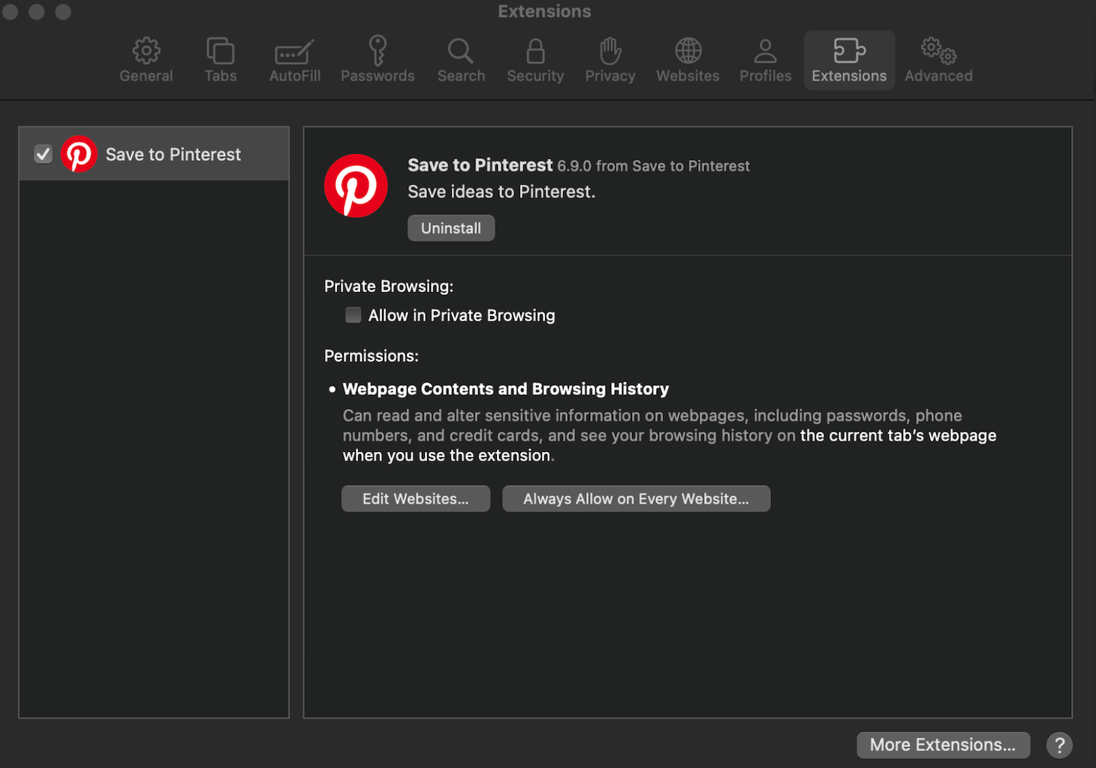 Safari extension management menu