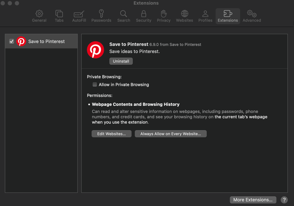 Safari extension management menu