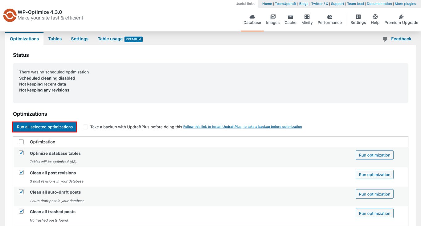WP-Optimize menu in WordPress, highlighting the button to execute selected optimizations