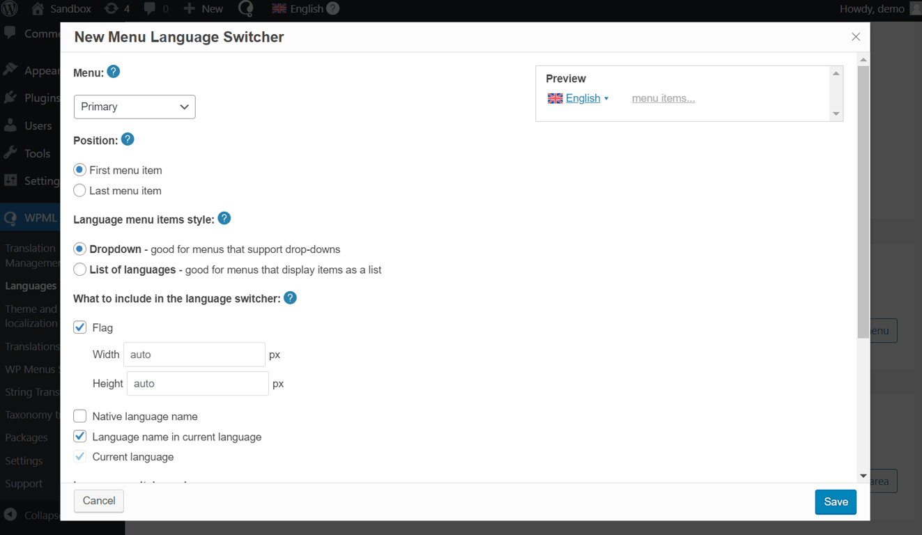 The dashboard screen to add the language switcher