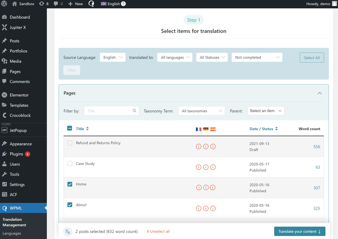 WPML translation management panel