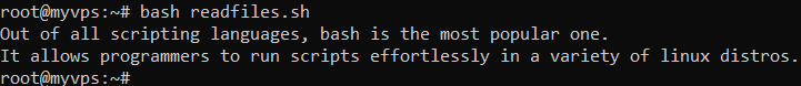 A command-line window displays bash script meant to read file supplied and print its contents