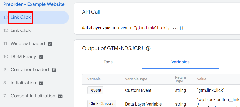 A link click event is collected in Summary page