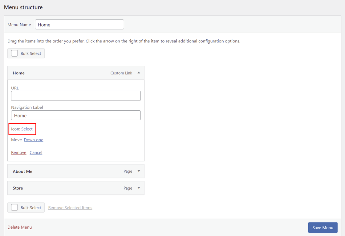 A new button labeled Select appears inside the Menu Structure section after installing the ThemeIsle plugin