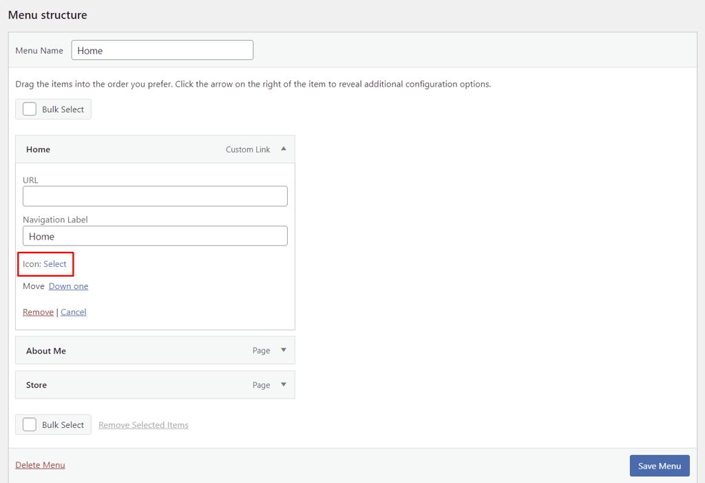 A new button labeled Select appears inside the Menu Structure section after installing the ThemeIsle plugin