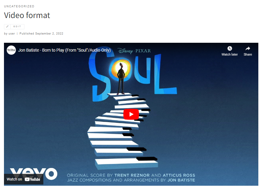 Adding video file from YouTube is possible with the video post format