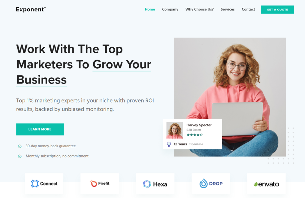 Il tema Exponent offre siti demo per un'ampia varietà di nicchie