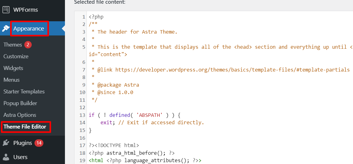 Locate the theme file editor on your WordPress admin page