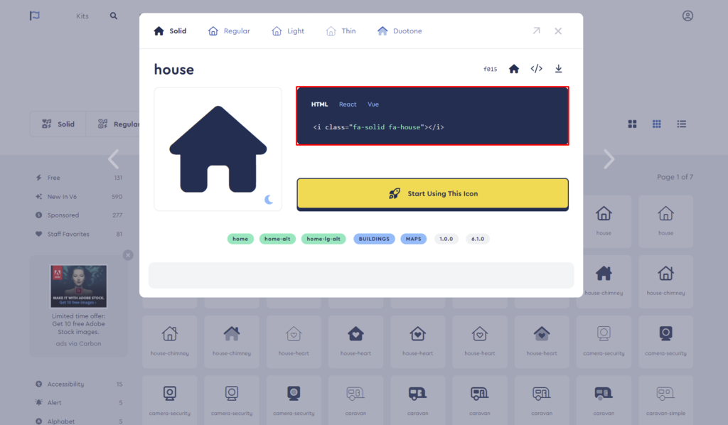 Obtaining the HTML code of a Font Awesome icon