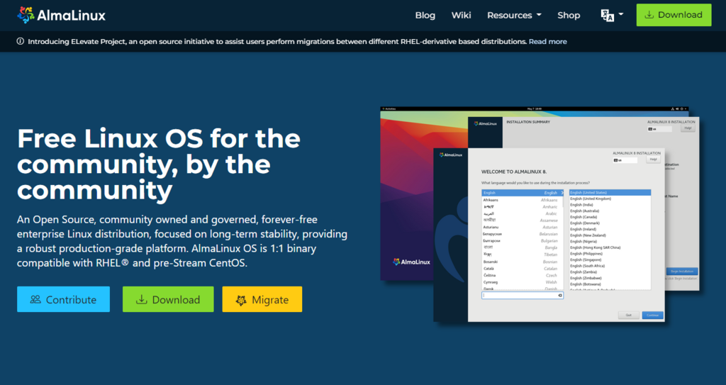 The AlmaLinux homepage