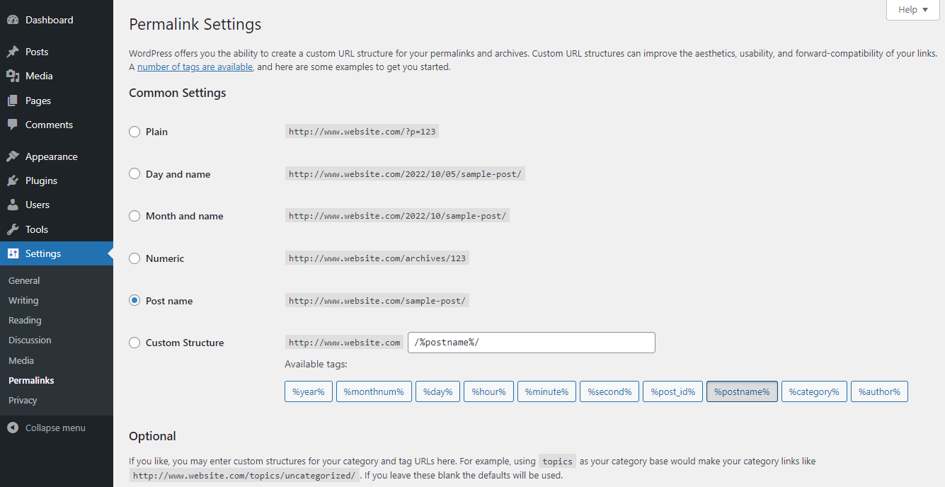 The Settings section in the WordPress admin panel, showing where to select the Post name option