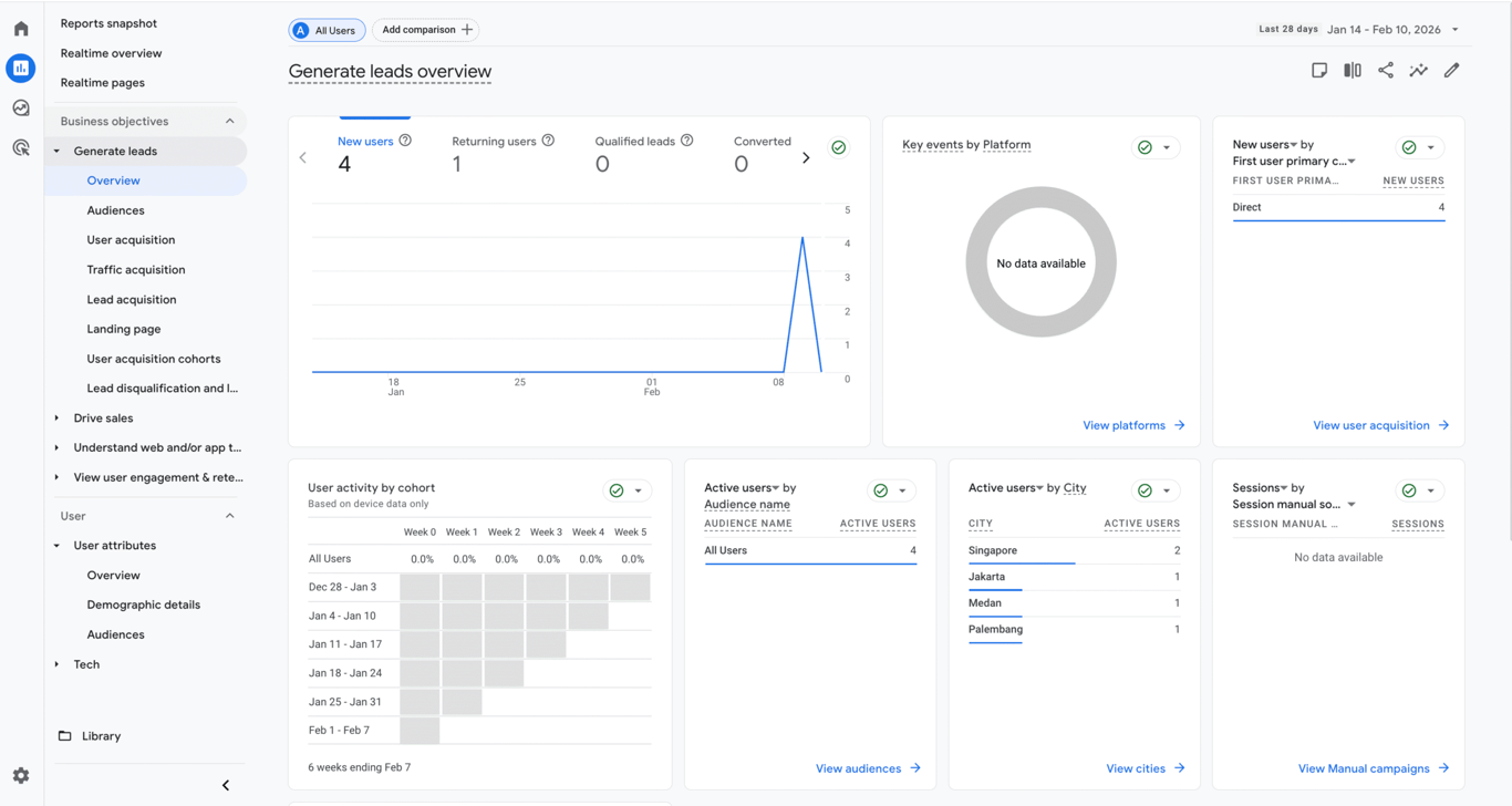 General leads Overview menu in GA4 interface