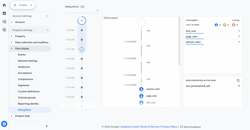 DebugView interface in Google Analytics 4