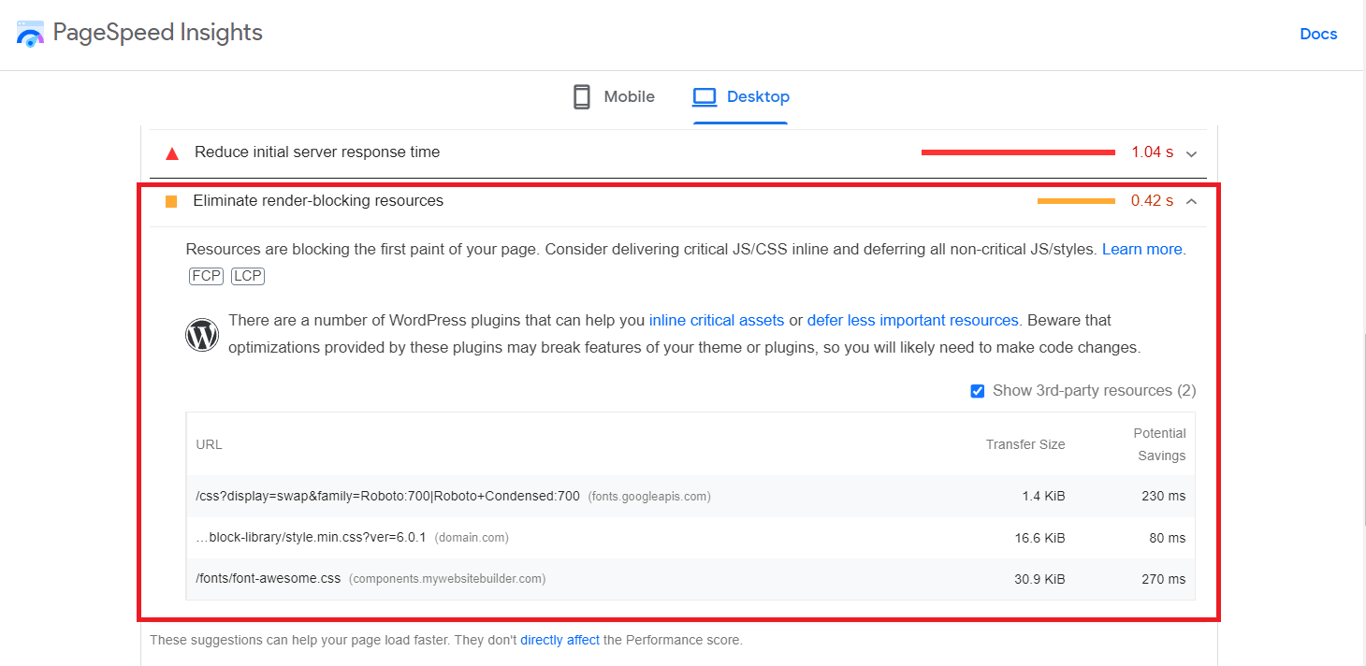 Google PageSpeed Insights warns the user about render-blocking resources