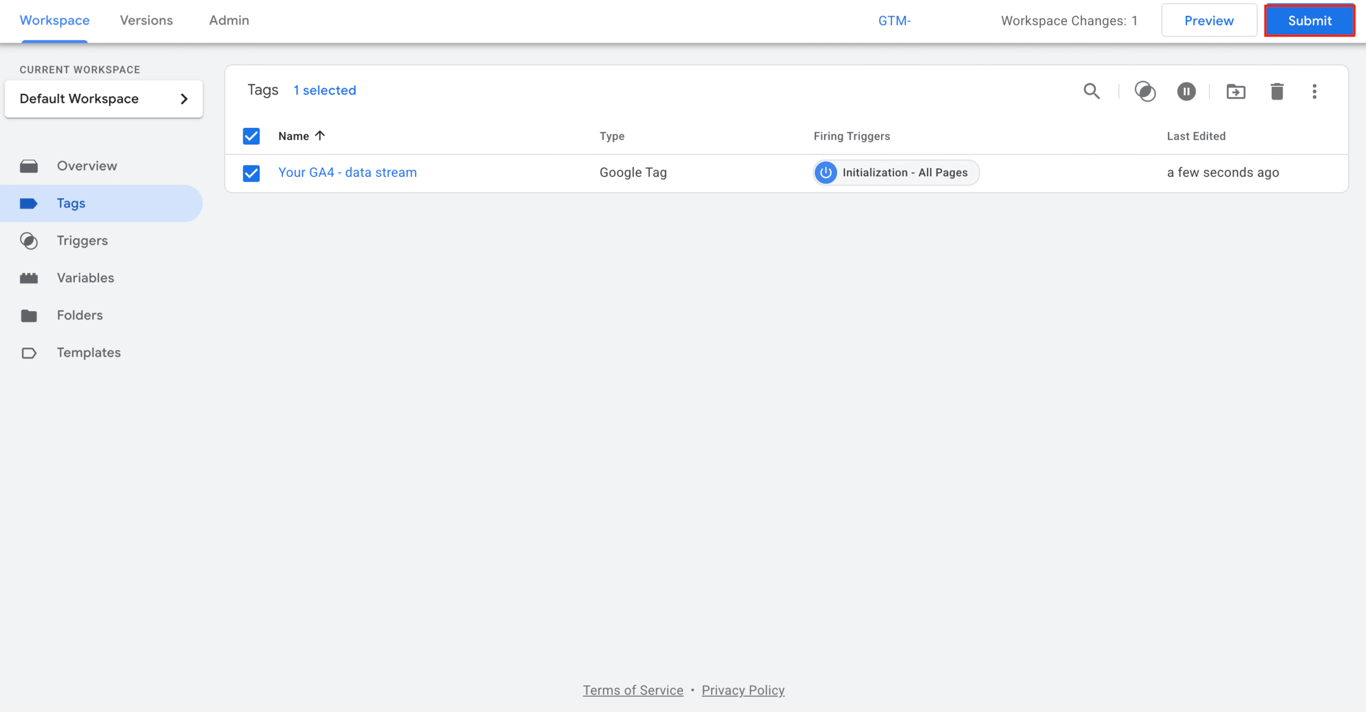 The Submit button in Google Tag Manager interface