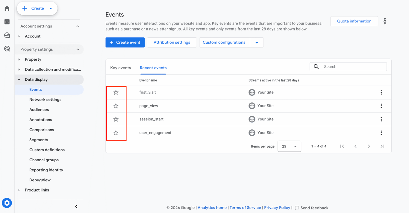 The stars icon in the Recent events tab in Google Analytics 4