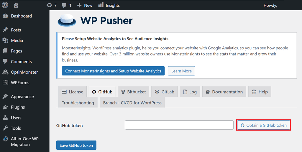 A button on WP Pusher for obtaining a GitHub token