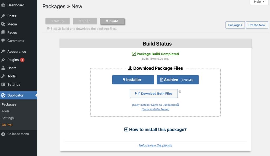 Duplicator's Package Build Completed message and Download Package Files option as shown on WordPress