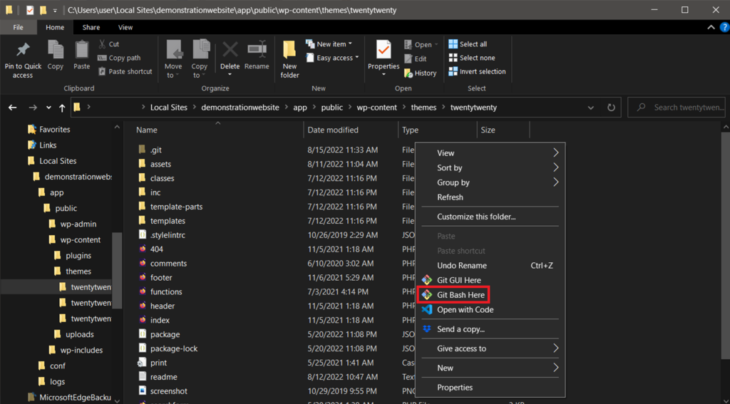 Git Bash Here on a local repository folder