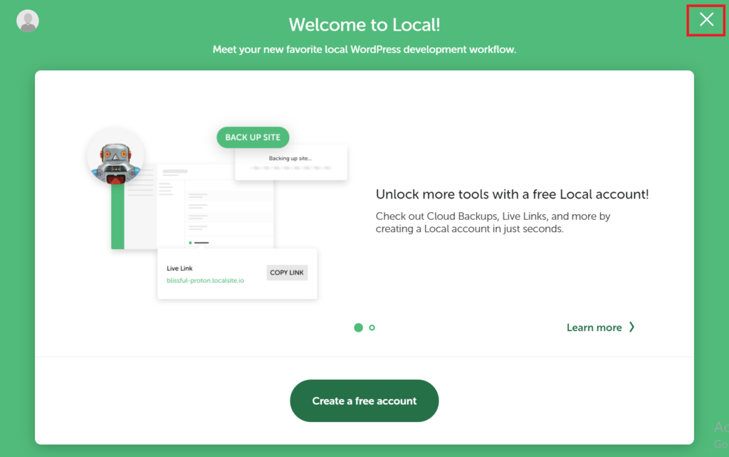 Local's welcome screen