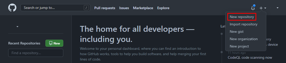 The New repository button on GitHub