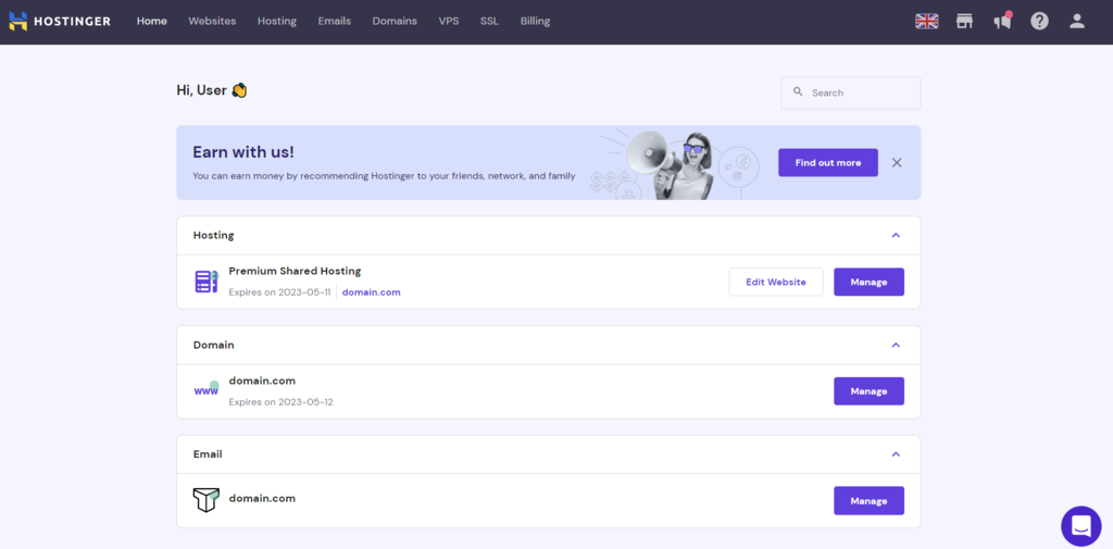 The interface of hPanel, a custom-made control panel by Hostinger