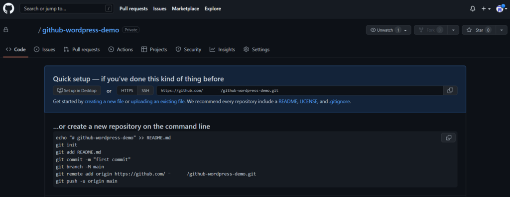 The new repository's URL shows under the Quick Setup section