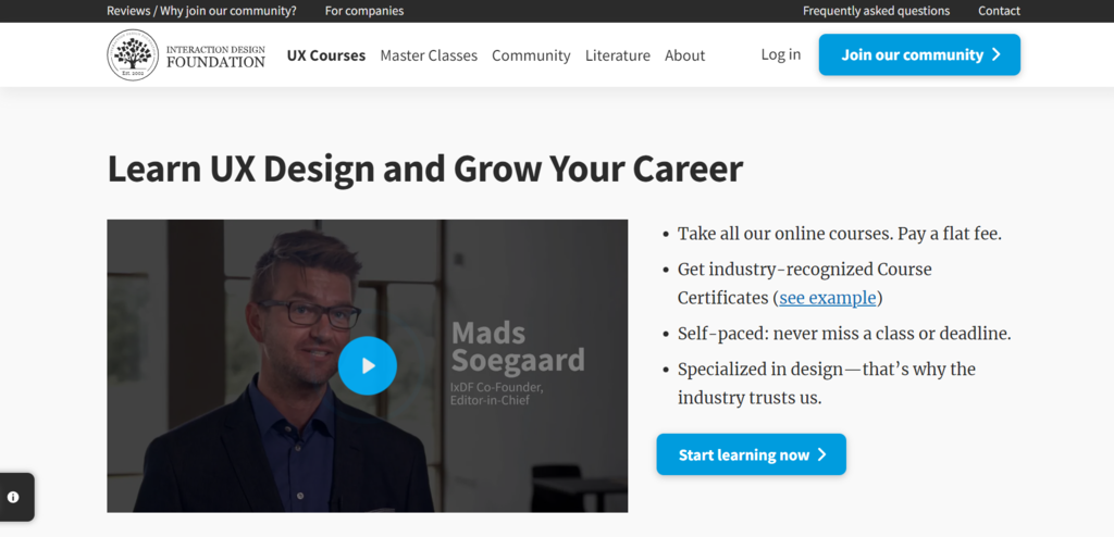 The page of UX courses by Interaction Design Foundation.