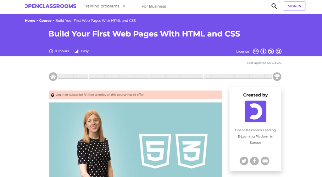 The page of build your web pages with HTML and CSS course by Openclassrooms.