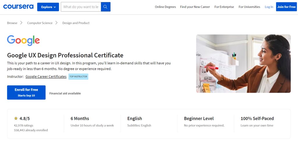 The page of the Google UX design professional certificate course by Coursera.