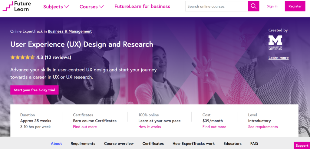 The page of the UX design and research course by FutureLearn