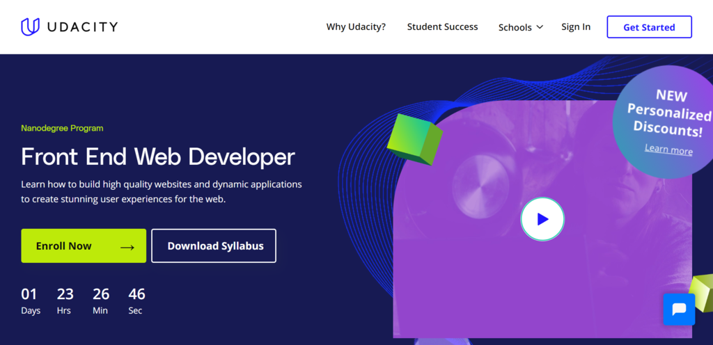 The page of the front-end web developers course by Udacity.