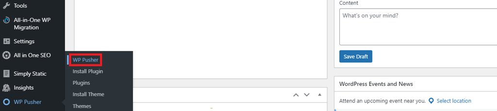 WP Pusher plugin menu on WordPress' sidebar