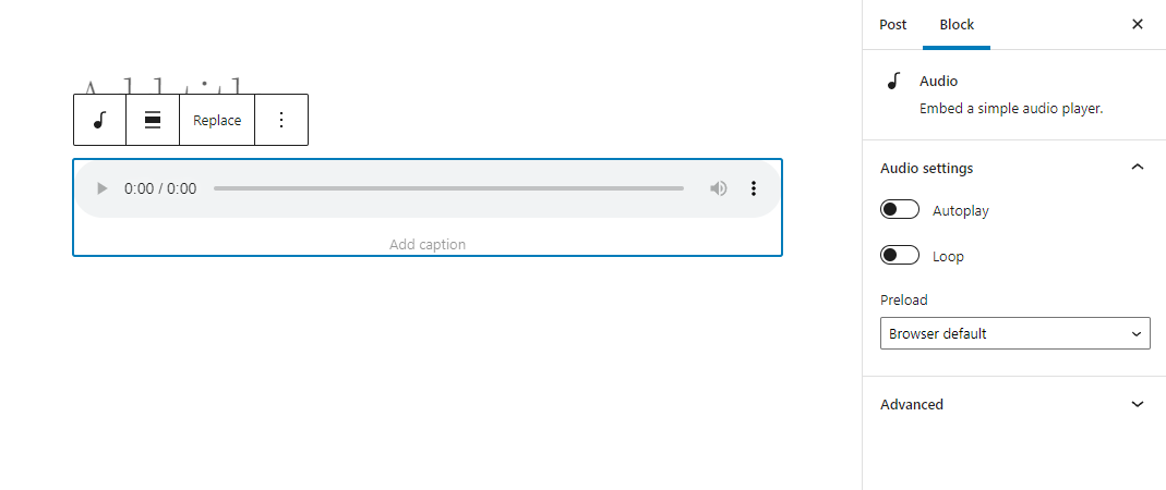 The Gutenberg editor showing how to adjust the Audio settings in the Audio block