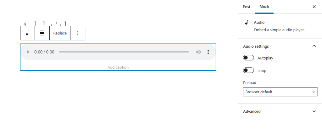 The Gutenberg editor showing how to adjust the Audio settings in the Audio block