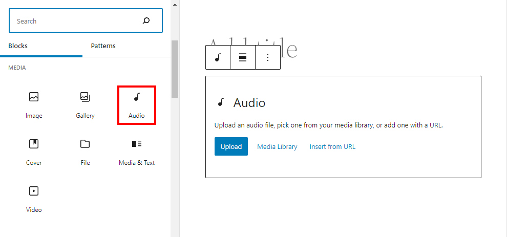 The Gutenberg editor showing where to find the Audio block