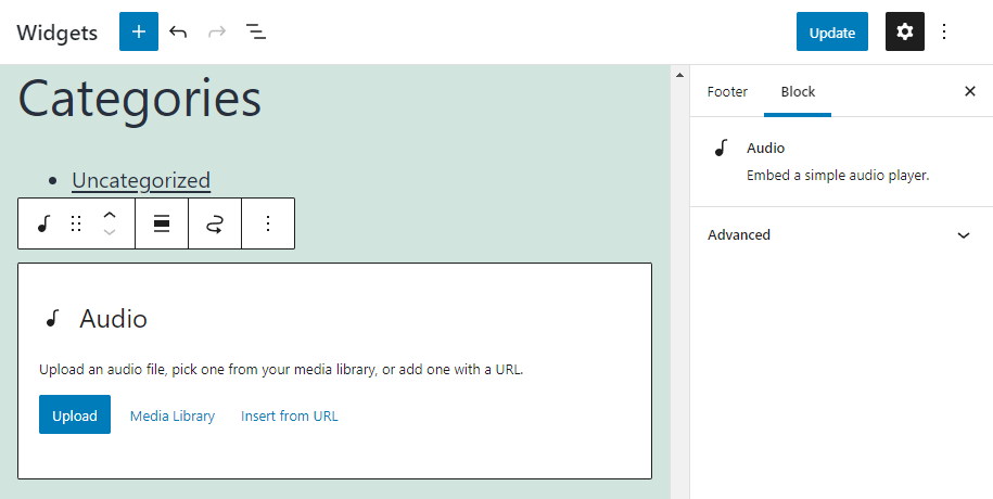 The Gutenberg editor showing how to place the audio as a WordPress widget