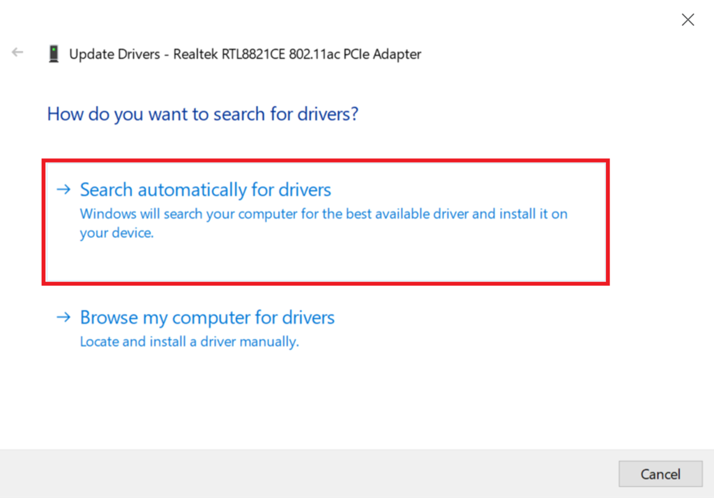 The Search automatically for drivers option