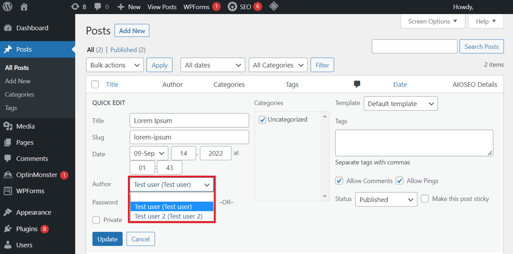 Assigning a new post author in the Quick Edit window.