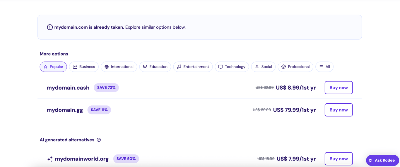 Domain name search and suggestions for alternatives on Hostinger website