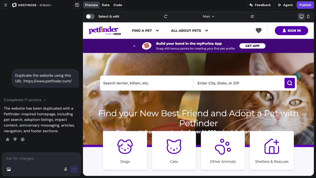 Cloning a website using Hostinger AI Builder's built-in website cloner tool
